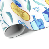 Hanukkah Dreidel Jewish Holiday Pattern Waterverf Cadeaupapier (Rol Hoek)
