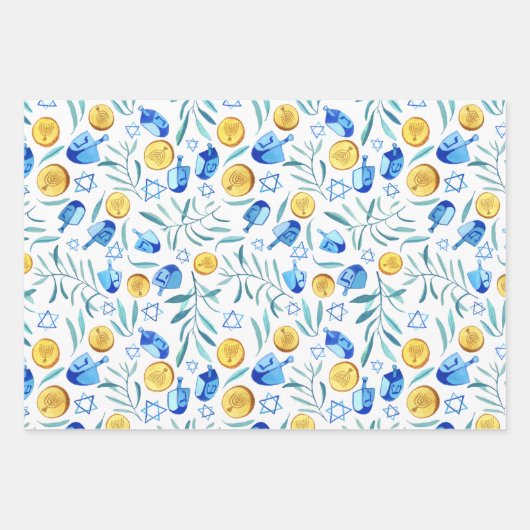 Hanukkah Dreidel Jewish Holiday Pattern Waterverf Inpakpapier Vel (Voorkant 3)