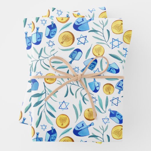 Hanukkah Dreidel Jewish Holiday Pattern Waterverf Inpakpapier Vel (In situ)