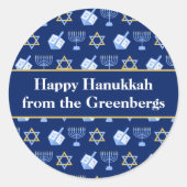 Hanukkah Dreidel Menorah Pattern Blue Custom Gift Ronde Sticker (Voorkant)