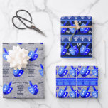 Hanukkah Dreidels Blue Monogram Assortment Inpakpapier Vel<br><div class="desc">Creëer uw eigen aangepast cadeautje dat papiervellen verpakt met uw optionele monogram en persoonlijke groet op deze Hanukkah Dreidels in blauw design-sjablonen. Het eerste vel bevat een faux zilveren achtergrond en rijen heldere blauwe en witte Dreidels met tekst-sjablonen in de marine met ruimte voor jouw naam en boodschap. Bladen twee...</div>