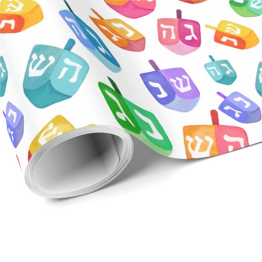 Hanukkah Dreidels Rainbow Waterverf Holiday Cadeaupapier (Rol Hoek)