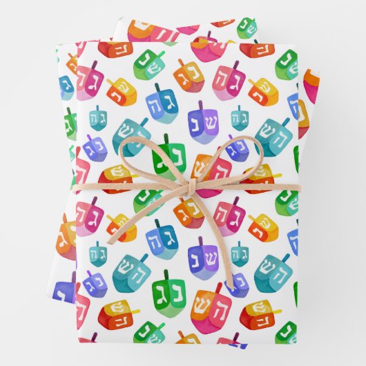 Hanukkah Dreidels Rainbow Waterverf Holiday Inpakpapier Vel (In situ)