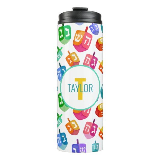 Hanukkah Dreidels Rainbow Waterverf Holiday Thermosbeker (Voorkant)