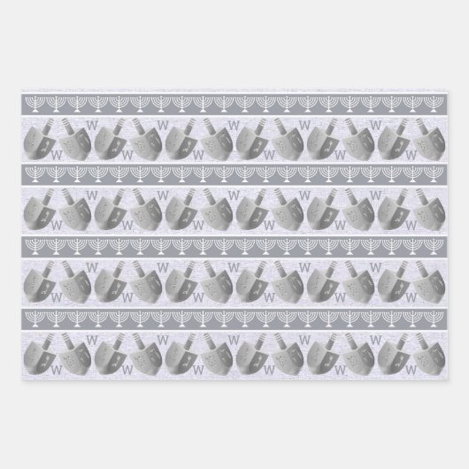 Hanukkah Dreidels Silver Monogram Assortment Inpakpapier Vel (Voorkant 3)