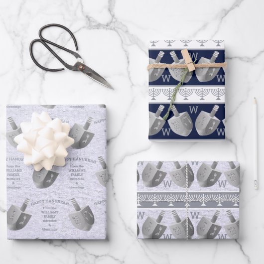Hanukkah Dreidels Silver Monogram Assortment Inpakpapier Vel (Voorkant)