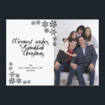 Hanukkah en Kerstmis Modern-fotokaart Feestdagenkaart<br><div class="desc">Wens familie en vrienden een warme Kerstmis en Hanukkah met één interreligieuze kaart. Met een modern, vet zwart-wit sneeuwvlokmotief, met ruimte voor één foto en een elegant script met de woorden "Warmst wenst deze Hanoeka en Kerstmis", en ruimte voor uw boodschap aan de voorkant en de datum aan de achterkant....</div>