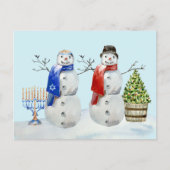 Hanukkah en Kerstmis Sneeuwman Aquarel Feestdagenkaart (Voorkant)