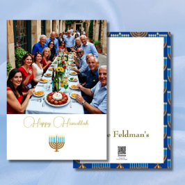 Hanukkah familie foto blauw goud feestdagenkaart