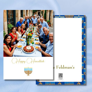 Hanukkah familie foto blauw goud feestdagenkaart