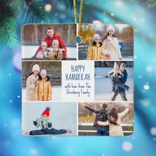 Hanukkah Family Photo Collage Cute Custom 2 Sided Keramisch Ornament