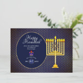 Hanukkah-feest uitnodiging Blauw Goud Menora 3 (Staand voorkant)
