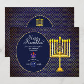 Hanukkah-feest uitnodiging Blauw Goud Menora 3 (Voorkant / Achterkant)