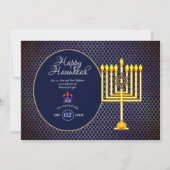 Hanukkah-feestuitnodiging Blauwe Gouden Menora 3 Kaart (Voorkant)
