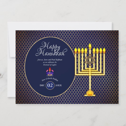 Hanukkah-feestuitnodiging Blauwe Gouden Menora 3 Kaart (Voorkant)
