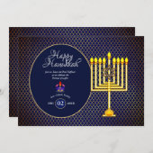 Hanukkah-feestuitnodiging Blauwe Gouden Menora 3 Kaart (Voorkant / Achterkant)