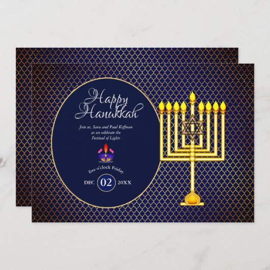 Hanukkah-feestuitnodiging Blauwe Gouden Menora 3 Kaart (Voorkant / Achterkant)