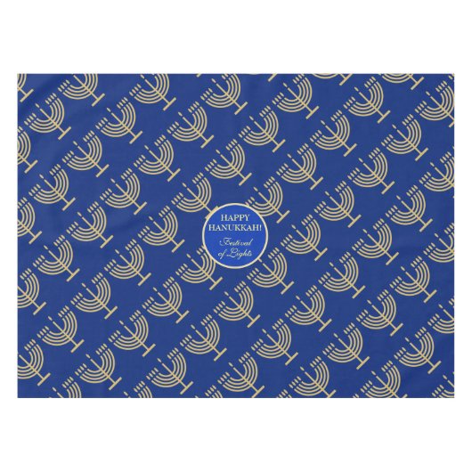 Hanukkah-festivalfeest gouden menora blauw patroon tafelkleed (Voorkant (Horizontaal))