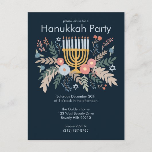 Hanukkah Florals Hand-draw Custom Party Invitation Briefkaart (Voorkant)