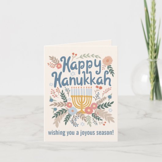 Hanukkah FLorals Hand-getrokken Art CUSTOM 4 FOTO Feestdagen Kaart (Voorkant)