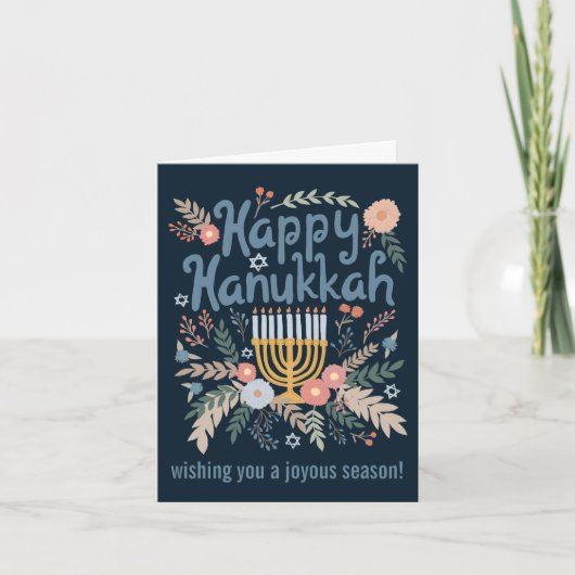 Hanukkah FLorals Hand-getrokken Art CUSTOM 4 FOTO Feestdagen Kaart (Voorkant)