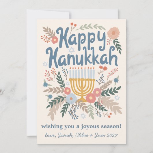 Hanukkah FLorals Hand-getrokken Art CUSTOM 4 FOTO Feestdagenkaart (Voorkant)