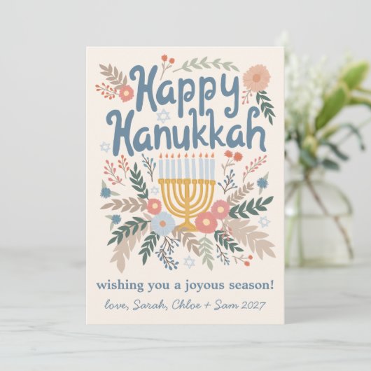 Hanukkah FLorals Hand-getrokken Art CUSTOM 4 FOTO Feestdagenkaart (Staand voorkant)