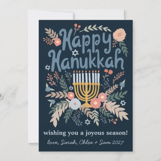 Hanukkah FLorals Hand-getrokken Art CUSTOM 4 FOTO Feestdagenkaart (Voorkant)
