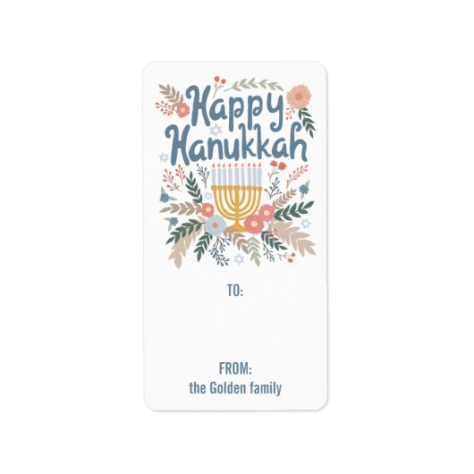 Hanukkah FLorals Hand-getrokken CUSTOM TO FROM Gif Etiket (Voorkant)