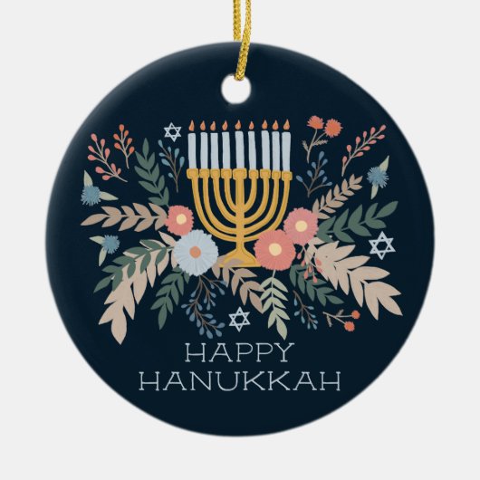 Hanukkah FLorals Hand-getrokken Kunst CUSTOM FOTO Keramisch Ornament (Voorkant)