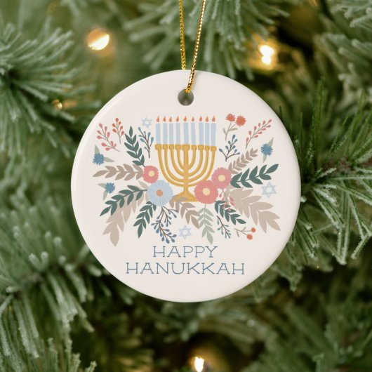 Hanukkah FLorals Hand-getrokken Kunst CUSTOM FOTO Keramisch Ornament (Boom)