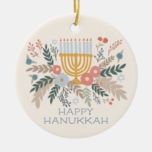 Hanukkah FLorals Hand-getrokken Kunst CUSTOM FOTO Keramisch Ornament (Voorkant)