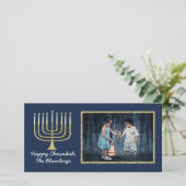 Hanukkah-fotokaart "Elegant Menorah Blue" Feestdagenkaart (Staand voorkant)