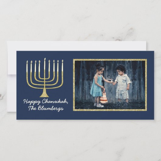 Hanukkah-fotokaart "Elegant Menorah Blue" Feestdagenkaart (Voorkant)
