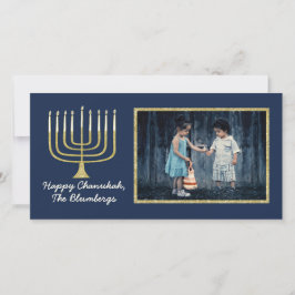 Hanukkah-fotokaart "Elegant Menorah Blue" Feestdagenkaart