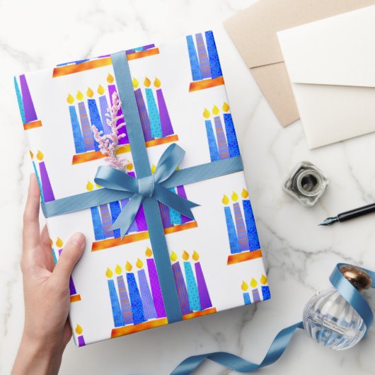 Hanukkah Fun Artsy Blue Boho Pattern Candles White Cadeaupapier (Geschenken)