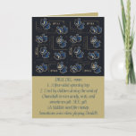 Hanukkah Funny Dreidel Gold en Blue Feestdagen Kaart<br><div class="desc">Hanukkah/Chanukah, wenskaart. Geniet van nog een grappig "Define This" wenskaart. Deze leuke 'Dreidel'-feestkaart is dit jaar goed voor al je vrienden en familie. Zoals altijd, kunnen de ontwerpelementen worden uitgegeven: Beweegt, resized, roteerde, enz.De achtergrondkleuren kunnen uit worden veranderd. Pas tekst aan door tekst te verwijderen en je eigen tekst toe...</div>