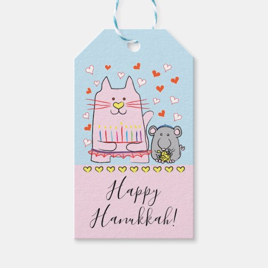Hanukkah Gift Labels Cat and Mouse Cadeaulabel (Voorkant)