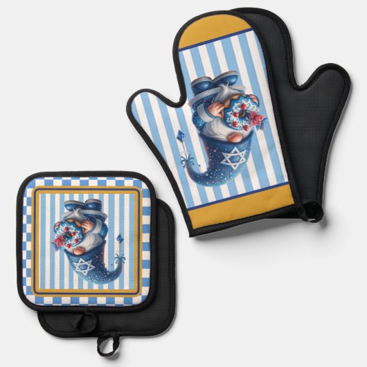 Hanukkah Gnome Ovenwant & Pannenlap Set (Voorkant / Achterkant)