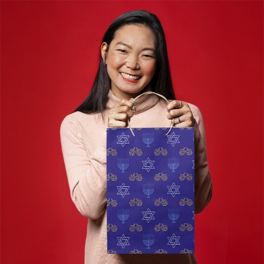 Hanukkah Gold Dreidel Ster van David Menorah Blue Medium Cadeauzakje
