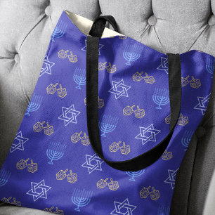 Hanukkah Gold Dreidel Ster van David Menorah Blue Tote Bag