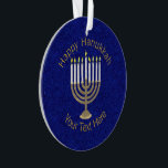 Hanukkah Gold Menorah Elegant Chrismukkah Ornament<br><div class="desc">Een stijlvol Chrismukkah vakantie ornament is een doordacht cadeau of souvenir voor koppels en gezinnen die hun feestdagen combineren om nog jarenlang unieke herinneringen te creëer. Een diep middernachtblauw bijna sprankelende achtergrond is het decor voor mijn originele antiek gouden Menorah met wit kaarsontwerp. Dit Chanoeka-ornament is exclusief creëer voor mijn...</div>