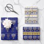 Hanukkah Gold Menorah Monogram Chic Assortment Inpakpapier Vel<br><div class="desc">Creëer je eigen chic custom Hanukkah door papieren bladen te wikkelen met een assortiment van antiek gouden Menorah patronen en strepen die gemakkelijk te personaliseren zijn met je monogram initiaal voor een cadeauomslag van een soort. Blad één heeft een alloverpatroon van mijn originele faux gouden kunstwerk Menorah op een faux...</div>