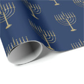 Hanukkah Gold Menorah over een blauw patroon Cadeaupapier (Rol Hoek)