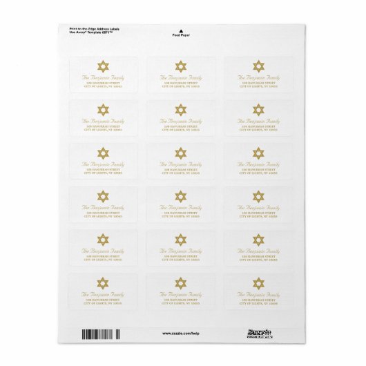 Hanukkah Gold Star van David Simple Holiday Addres Etiket (Full Sheet)