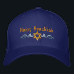 Hanukkah Greeting Geborduurde Pet<br><div class="desc">Het Hanukkah-ontwerp is voorzien van een gouden ster van David met blauwe zwrillen. De tekst hierboven zegt Happy Hanukkah,  maar is facultatief en kan door u worden aangepast of worden geschrapt.</div>