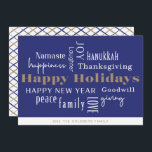 Hanukkah Greetings Holiday Blue Feestdagenkaart<br><div class="desc">Collage van vakantiegroeten,  Prettige feestdagen,  Hanukkah,  Nieuwjaar,  Goodwill,  Laughter,  Geluk,  Namaste,  Joy,  Vrede,  Liefde,  Thanksgiving,  Familie,  & Giving. Pas aan met jouw naam en jaar.</div>