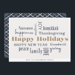 Hanukkah Greetings Holiday Blue Gold Feestdagenkaart<br><div class="desc">Collage van vakantiegroeten,  Prettige feestdagen,  Hanukkah,  Nieuwjaar,  Goodwill,  Laughter,  Geluk,  Namaste,  Joy,  Vrede,  Liefde,  Thanksgiving,  Familie,  & Giving. Pas aan met jouw naam en jaar.</div>
