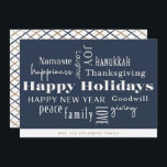 Hanukkah Greetings Holiday Navy Gold Feestdagenkaart<br><div class="desc">Collage van vakantiegroeten,  Prettige feestdagen,  Hanukkah,  Nieuwjaar,  Goodwill,  Laughter,  Geluk,  Namaste,  Joy,  Vrede,  Liefde,  Thanksgiving,  Familie,  & Giving. Pas aan met jouw naam en jaar.</div>