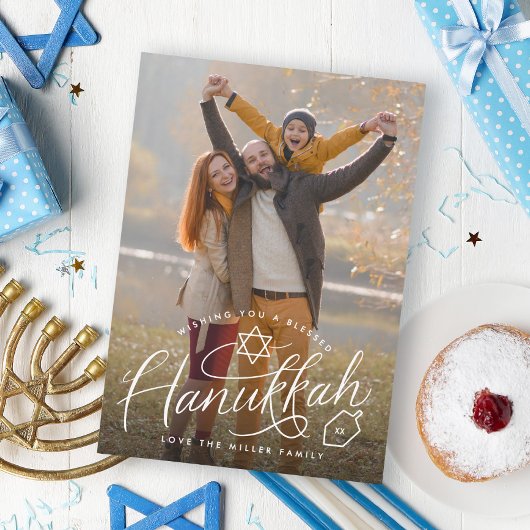 Hanukkah hand belettering foto feestdagenkaart